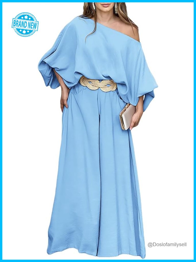 Off Shoulder Top & Wide Leg Pants Set Flowy Two Piece Summer Vacation Travel